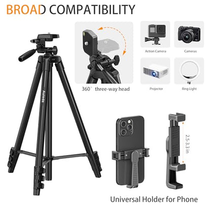 60″ Camera Tripod Lightweight Travel Tripod Stand Compatible with Canon Nikon DSLR Cameras with Wireless Remote Phone Holder and Bag Max Load 6.6 LB Black