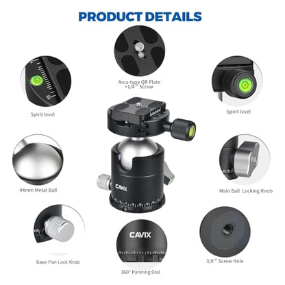 CAVIX 360°Panoramic Ball Head Tripod Head, 18kg(39.7lbs) Load Capacity, 44mm Metal Ball Head with 1/4" Arca-Swiss Quick Release Plate for Tripod Monopod Slider DSLR Camera Camcorder - size: Ball Dia. 44mm