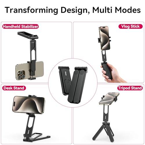 ULANZI MA26 Foldable Phone Tripod, Pocket Cell Phone Vlog Video Tripod Handle Aluminium Smartphone Desk Stand 2 Cold Shoe Small Size All in One Lightweight Portable Vlog Stick for iPhone 17 Samsung