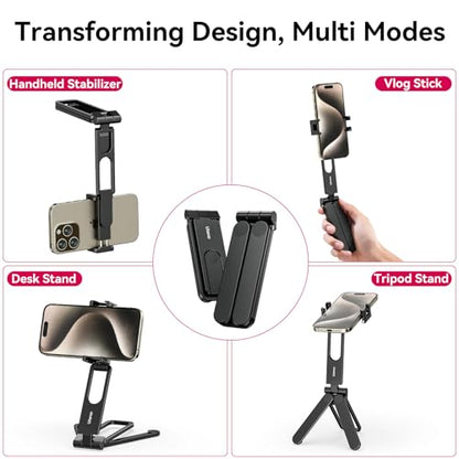 ULANZI MA26 Foldable Phone Tripod, Pocket Cell Phone Vlog Video Tripod Handle Aluminium Smartphone Desk Stand 2 Cold Shoe Small Size All in One Lightweight Portable Vlog Stick for iPhone 17 Samsung