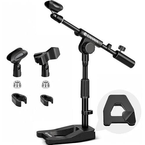 CAHAYA Mic Stand Desk Adjustable - Boom Arm Desktop Microphone Stand Metal Weighted Base A-frame Table Mic Mount with 2 Mic Clips 3/8" to 5/8" Screw Adapter Mic Mount for Singing Stage Performance