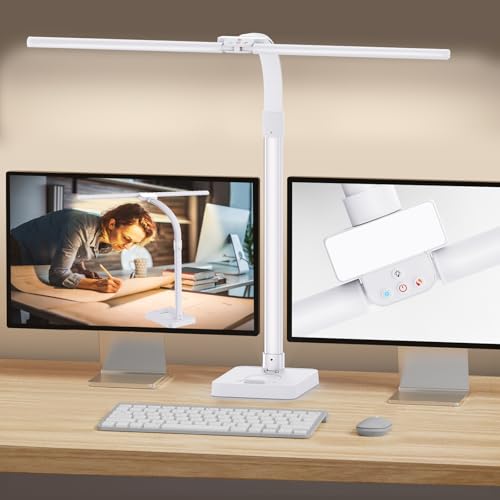 GAEFURY LED Desk Lamp for Home Office, 24W Bright Desk Lamp with Phone Holder Base - 25 Lighting Modes Eye-Caring Desk Light Adjustable Gooseneck Lamp for Workbench Drafting Reading Study-White - color: White