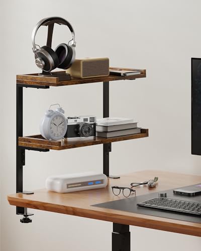 Clamp On Desk Shelf 2-Tier, 16.5 in Wood Shelving Unit for Office Desk/Gaming Accessories, Tabletop Book Storage Rack, Shelf for Top of Desk, Brown - color: 16.5 Inches Brown