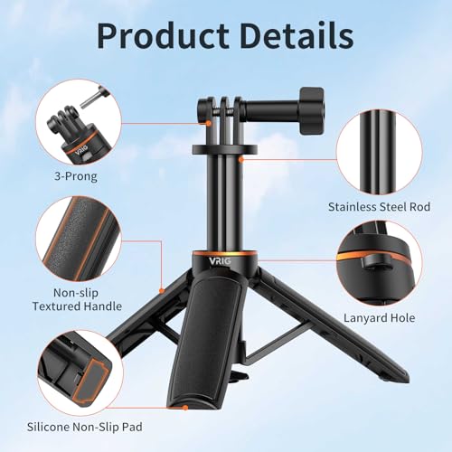 VRIG TP35 Auto Pop Open Extendable Mini Camera Tripod,Portable Small Handle Grip Desktop Webcam Selfie Stick Tripod for DJI Osmo Action 6/5Pro/4/3,GoPro Hero 13 12 11 10 Max,Mission 1 PRO - size: 11.9" Tripod