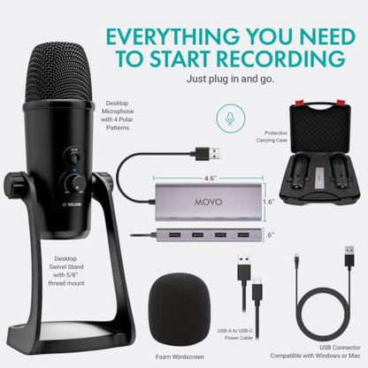 Movo 2-Person USB Podcast Bundle – 2 Condenser Mics, Case, and USB Hub | Plug-And-Play, No Drivers: Zoom, OBS, Audacity, Mac & Windows. Headphone Monitoring. For Interviews, Streaming, Classrooms. - style: with 2 Mics (Black)