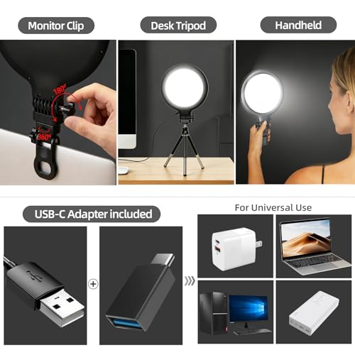 Computer Video Conference Lighting for Zoom: 6in Dimmable 3200K-6500K Ring Light with Monitor Clip & Desk Tripod - Professional Eye-Caring Webcam Light for Home Office Teams Video Calls & Streaming