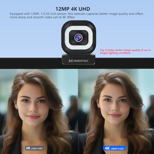 4K Webcam with 5-Level LED Light, 12MP Camera, USB Webcam with Dual Noise-canceling Microphones, PDAF Fast Auto Focus, Remote Control, 360° Rotation, Perfect for Live streaming, Online Meeting - style: 4K Webcam with Light