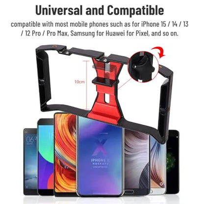 Professional Phone Shooting Rig Stabilizer, Aluminum Alloy Mobile Phone Handheld Rabbit Cage for Live Video & Portrait Recording, Universal Video Rig with Dual Handles, A