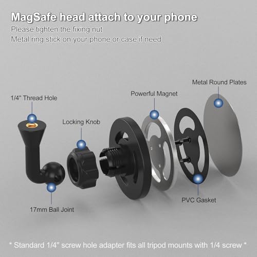Magnetic Phone Tripod Mount Adapter with 1/4"-20 Screw Hole, Compatible with Magsafe for iPhone 17/16/15/14/13 Plus Pro Max Mini Series, Adjustable Phone Holder for Tripod, Ring Light, Selfie Sticks