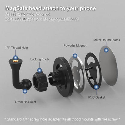 Magnetic Phone Tripod Mount Adapter with 1/4"-20 Screw Hole, Compatible with Magsafe for iPhone 17/16/15/14/13 Plus Pro Max Mini Series, Adjustable Phone Holder for Tripod, Ring Light, Selfie Sticks