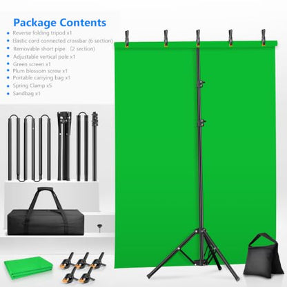 Green Screen Backdrop Kit with Stand, 8x7.2ft Green Background with Reverse Folding Base, Portable T-Shape Stand with 5 Spring Clamps, Sandbag, Carry Bag for Zoom, Streaming, Photography