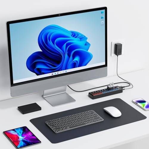 Powered USB Hub, JESWO 11-Port USB 3.0 Hub (7 Data Transfer Ports + 4 Smart Charging Ports) with Individual LED On/Off Switches, USB Hub Powered with 12V/3A Power Adapter for Mac, PC - style: 7+4 USB 3.0 Hub