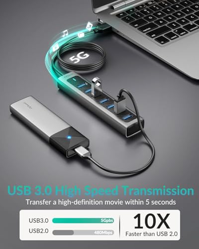 GiGimundo USB 3.0 Hub, 7-Port USB Extender Hub with 3.3FT Long Cable, USB Splitter, Aluminum High-Speed 5Gbps USB Hub for PC, Laptop, Desktop, Computer, PS5, XPS(Gray,1M) - size: 7 Ports-3.3FT