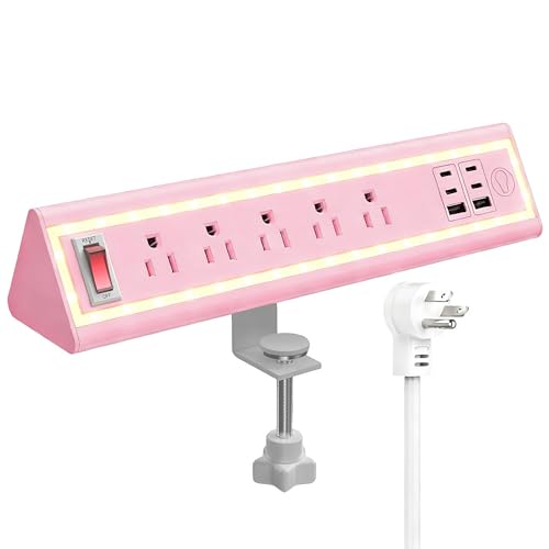 Desk Clamp Power Strip with Nightlight, 40W Fast Charging, 6FT Extension Cord, 4x20W USB-C & 2 USB Ports, 5 AC Outlets, Fits 1.69-Inch Table Edges - color: Pink