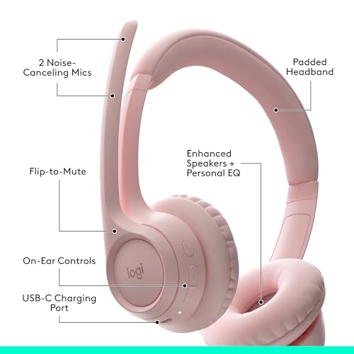Logitech Zone 300 Wireless Bluetooth Headset with Noise-Canceling Microphone, Compatible with Windows, Mac, Chrome, Linux, iOS, iPadOS, Android – Rose - color: Rose