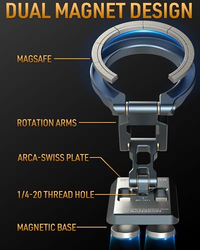 MOSENVKA Dual Magnetic Phone Holder Gym Magnetic Stand,Tripod Phone Mount (1/4'' Hole& ARCA-Swiss),Portable Phone Grip for iPhone 12/13/14/15/16/17-Desk/Car/Gym/Golf Cart/Airplane Use Stand (Silver) - color: Silver