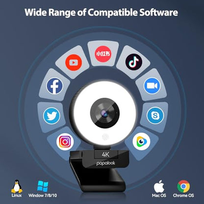 papalook 4K Autofocus Webcam with Light, UHD Web Camera with Remote Control and Dual Noise-Cancelling Mics, Plug and Play USB Webcams for PC Laptop Zoom Skype Teams Google Meet