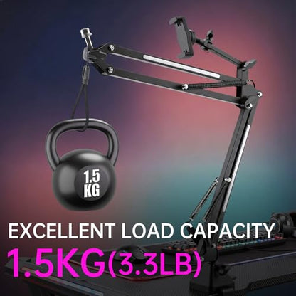 2 in 1 Microphone Arm Stand with Phone Holder, RGB Button Suspension Scissor Mic Boom Arm for Gaming/YouTube/Music Recording, 3/8" Desk Mount Clamp Metal Adjustable Mic Stand for Streaming Podcasting