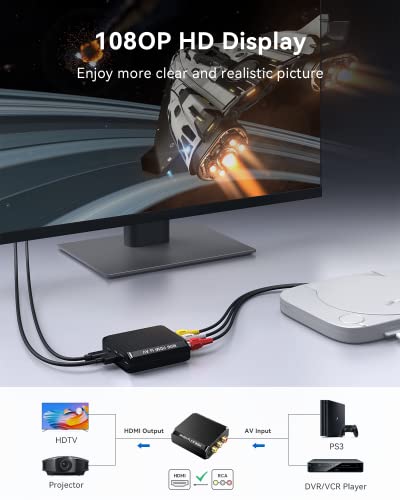 WENTER RCA to HDMI Adapter, 1080P AV to HDMI Converter, Mini Composite CVBS Audio Video Adapter Supports PAL/NTSC for VCR/VHS/Xbox/PS3/STB/N64/Wii/TV/PC/Blue-Ray DVD Players - color: Black