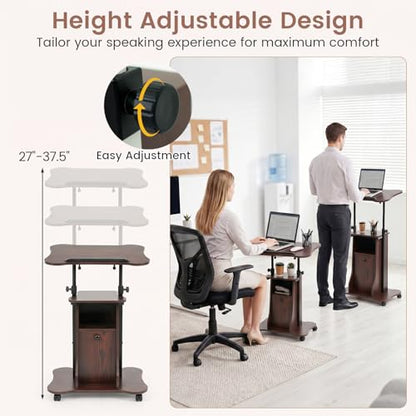 Giantex Mobile Podium Stand, Height Adjustable Laptop Computer Cart w/Tilting Top, Storage Cabinet & Lockable Wheels, Church Classroom Lecture, Sit-to-Stand Desk for Home Office (Brown,1) - color: Brown