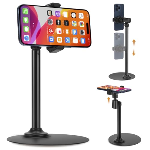 Phone Stand for Recording Videos,Adjustable Phone Holder for Desk | 16cm Diameter Metal Base, 360° Rotating Overhead Mount for Live Streaming, TikTok, YouTube, Height Adjustable to 35cm - color: black