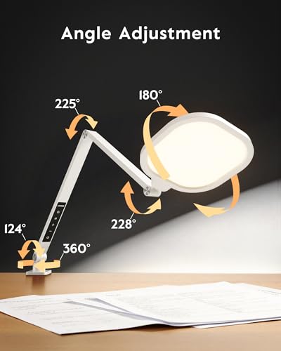 LitONES Led Desk Lamp with Clamp, 2000LM Dimmable Home Office Desktop Light, 3000k-6500k Adjustable Swing Arm Ring Light for Video Conference, Study, Reading, Zoom Calls, Streaming (White) - color: White