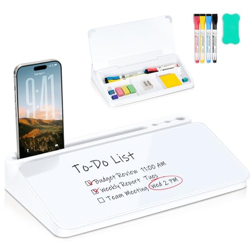 WALGLASS Small Desktop Whiteboard with Storage, Glass Desk Dry Erase White Board Computer Keyboard Stand with Drawer, Desk Organizers with Accessories for Office, Home, School Supplies White - color: White