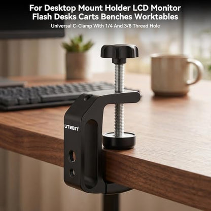 UTEBIT 1Pcs Aluminum Alloy C-Clamp for Desktop Mount Holder, 0.36-1.2 inch | Aluminum Universal Table Clamp with 1/4 and 3/8 Thread Hole, Desktop DSLR Mount for Shelves, Desk, Rods, Camera - size: 0.36-1.57 inch