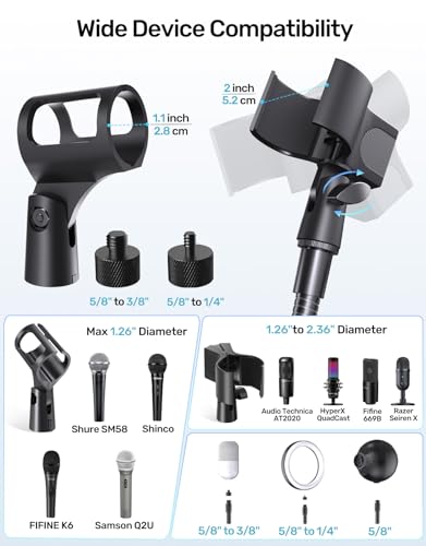 19-Inch Gooseneck Mic Stand for Desk - Clamp On Desktop Microphone Arm with Heavy-Duty Table Clip, 5/8" to 3/8" & 1/4" Adapters Included, Ideal for Podcast, Pulpit & Podium Mic Holder, Black - size: Heavy-Duty Clamp