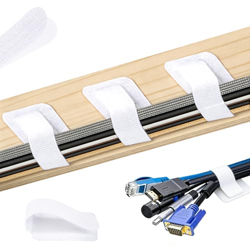 100 Pcs Hook and Loop Cable Ties, Self Adhesive Cable Management Desktop Cable Straps, Adjustable Cord Organizer for Desk Home Office Organization (White) - color: White