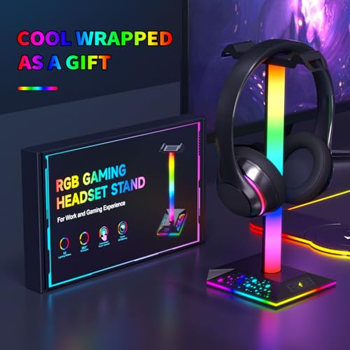 Hcman Headphone Stand Gaming Headset Holder RGB PC Gaming Accessories for Desk, Cool LED Headset Stand with 2 USB Charger for Gamer, Black
