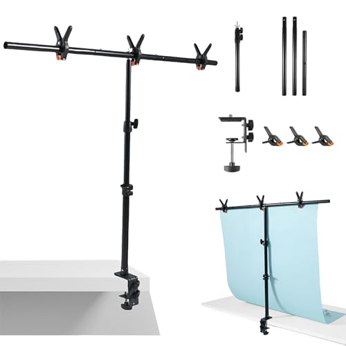 Table Backdrop Stand Kit 3 * 3.3 FT for Product Photography Paper Cloth, T Shape Backdrops Stand Adjustable Background Support Stand Kit with 3 Spring Clamps for Food Photoshoot