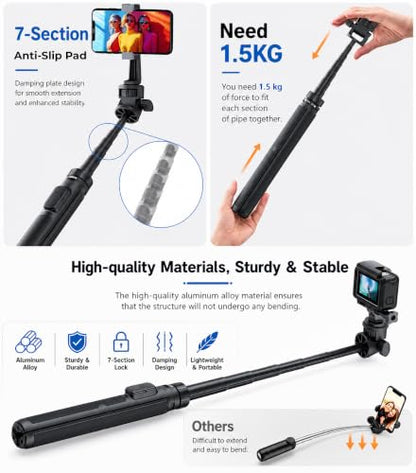 70" Action Camera Tripod for DJI, Extendable Selfie Stick Tripod with Action Camera Adapter, Phone Holder, Compatible with DJI Action 6/5 pro/5, Insta360 X5/X4, Gopro Hero 13/12/11/10
