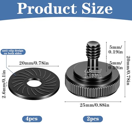 2 Pack Thumb Screw Camera Quick Release Adapter, 1/4" Female to Male Thumbscrew with Rubber Pads, L Bracket Mount Screws for Tripod Camera Plate, with 4 Anti-Slip Rubber Washers for Stability (Black)