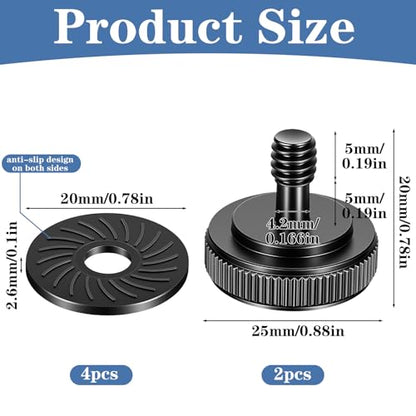 2 Pack Thumb Screw Camera Quick Release Adapter, 1/4" Female to Male Thumbscrew with Rubber Pads, L Bracket Mount Screws for Tripod Camera Plate, with 4 Anti-Slip Rubber Washers for Stability (Black)