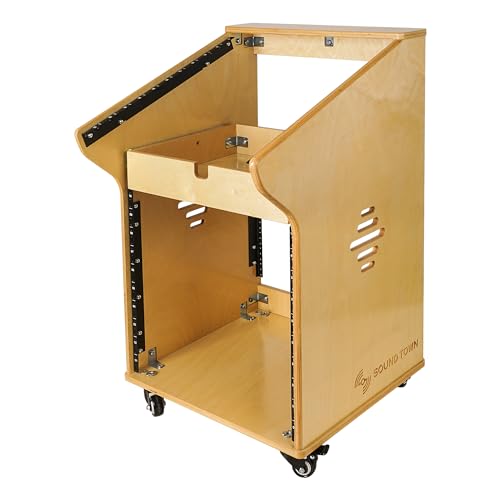 Sound Town DIY Solid Baltic Birch Plywood Studio Rack with 11U Slant Mixer Top, 10U Front, 2U Drawer, Rubber Feet, Casters, Golden Oak (SDRK-M11X10) - size: 10U,Golden Oak
