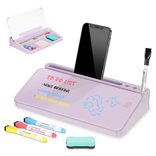 DOLLAR BOSS 12''x7'' Glass Desktop Whiteboard Small Dry Erase Board with Storage Drawer Computer Keyboard Stand Desk Organizer Office Accessories School Supplies with 4 Markers, Purple - color: Purple-purple Box, size: 12''x7''