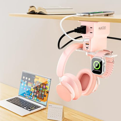 Gaming Headphone Stand with Charging Station - Aluminum Hooks Headphone Holder, Under Desk Headset Stand, 3 USB & AC Outlet, Surge Protector & Cable Organizer, Gift for Girl/Men - color: Pink