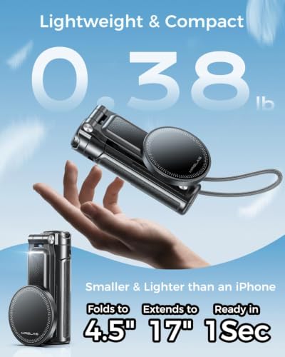 【Extends Up to Max 17"】 Magnetic Phone Tripod & Selfie Stick Tripod for iPhone Android, 4.5" Pocket Travel Stand with Wireless Remote, Detachable Clamp, 360° Rotatable for MagSafe, 4-in-1 Mini Tripod