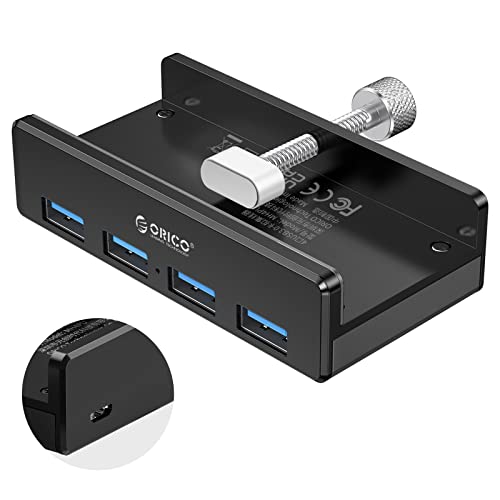 ORICO USB 3.0 Hub, USB Hub Clamp, Aluminum 4-Port USB Splitter with Extra Power Supply Port and 4.92 FT USB Data Cable, Desktop Powered USB Hub for Monitors/Desks-Black (Without Power Adapter) - color: Black