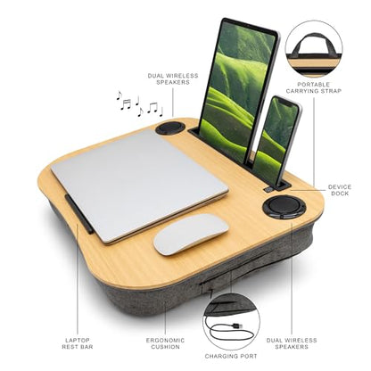 Portable Lap Desk for Computer Laptop, Tablets, Phones | Built-in Bluetooth Speakers | for Home Office | College (Light Oak) - color: Light Oak