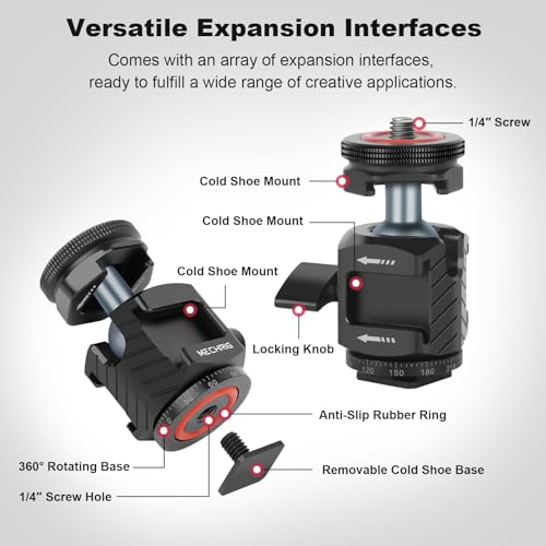 Mini Ball Head Tripod Head with Triple Cold Shoe Mount, Aluminum Tripod Ball Head Mount for DSLR Action Camera/Smartphone/LED Light/Mic/Tripod/Monopod/Light Stand/Cage, Max Load 8.8lb (62006)