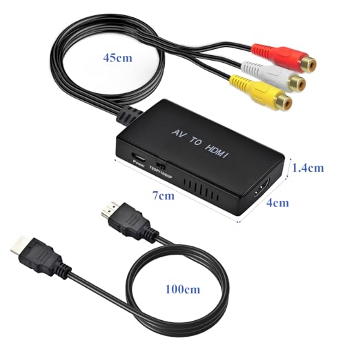 RCA to HDMI Converter,AV to HDMI Adapter,RCA to HDMI Composite Audio Video Converter Compatible with PS1, PS2, PS3, STB, Xbox, VHS, VCR,Black-Ray DVD Players