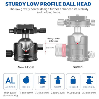 CAVIX H-46F Lever Tripod Head, Low Gravity Metal Ball Head Camera Head, Panoramic Ball Head with 1/4" Arca Swiss Quick Release Plate for Tripod, Monopod, DSLR, Camera, 44lbs/20kg Max Load - size: Ball Dia. 46mm