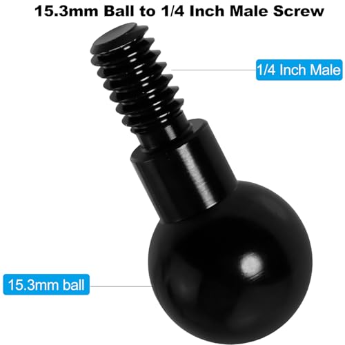 2PCS 15.3mm Ball Head Mount Adapter 15.3mm Ball to 1/4 Inch Male Screw 11mm Length Aluminum Alloy Universal Tripod Mount Converter for Action Cameras Photography Accessories Dash Cam Black