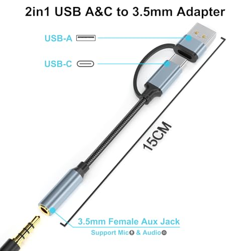 2-in-1 USB-C 3.5mm Audio Adapter with Type-A Converter, HiFi USBC DAC TRRS Headphone Jack & Mic Support, 1/8" AUX Cable Dongle for iPhone 17/16/15,iPad Pro/Air/Mini,Samsung,MacBook,PC,Laptop,Headset