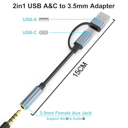 2-in-1 USB-C 3.5mm Audio Adapter with Type-A Converter, HiFi USBC DAC TRRS Headphone Jack & Mic Support, 1/8" AUX Cable Dongle for iPhone 17/16/15,iPad Pro/Air/Mini,Samsung,MacBook,PC,Laptop,Headset