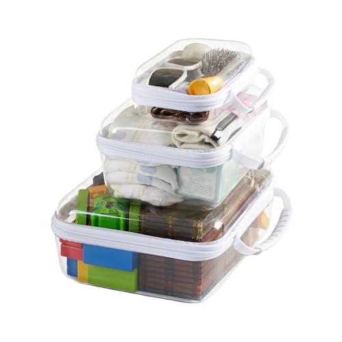 3PCS Travel Essentials for Toiletries with Handles, 1.2MM Thick Clear Hard Shell Zipper Case, Durable Makeup Bag for Cosmetics, Puzzles and Snacks, Clear Travel Bag for Diaper Bag Organizer - color: White, size: Handle LMS