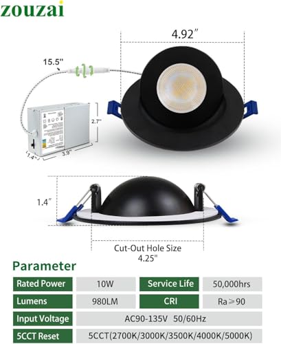 zouzai 4 Inch Gimbal LED Recessed Lights, Black, 1 Pack, with Junction Box, 360°+ 90° Adjustable, 5CCT 2700K-5000K, Dimmable, Canless Eyeball Downlight, CRI90+, 980LM 10W 120V, ETL - color: Black-4 inch, size: 1 Pack