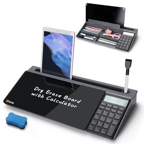 SELEAD Desktop Glass Whiteboard with Calculator, Dry Erase Board Computer Pad Keyboard Stand with Organizer Drawer for Home, School, Office Desk Accessories, Black - color: Black Calculator